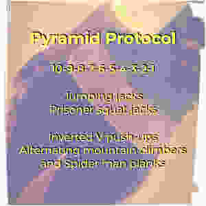 Square tile depicting female torso after work. Pyramid protocol workout routine - Jumping jacks / Prisoner squat jacks; Inverted V push-ups / Alternating mountain climbers and Spider man planks