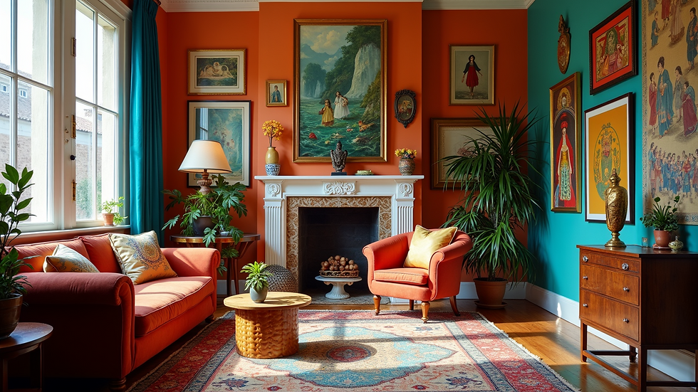 Eye-level view of a vibrant eclectic maximalist room filled with artwork and textures
