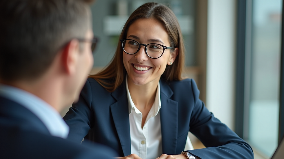 Close-up view of a smiling insurance advisor discussing options with a client