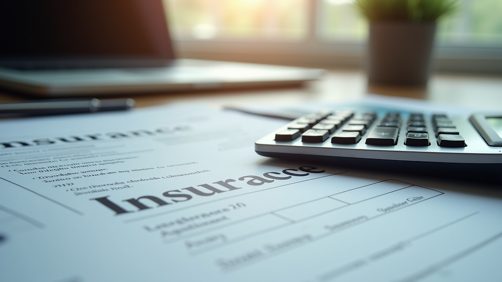 Eye-level view of a calculator and insurance documents on a desk