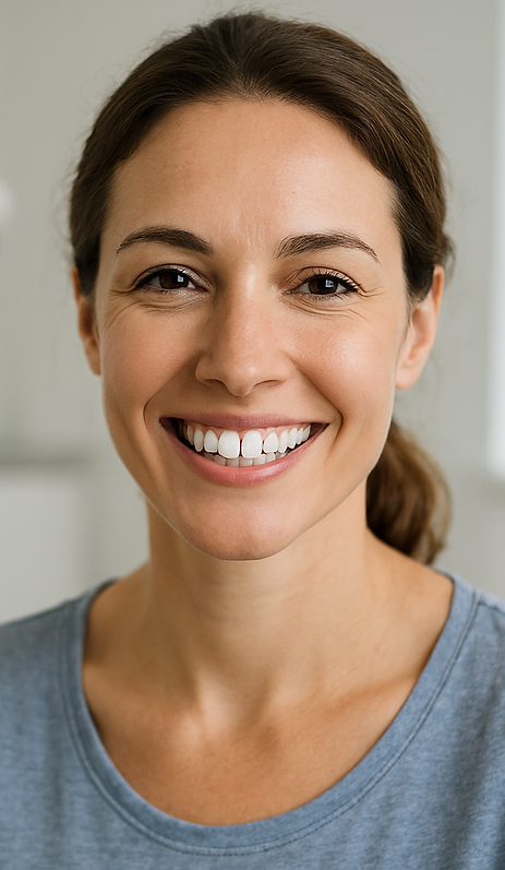 A highly realistic image of a smiling woman for a dental advertisement. The woman should h