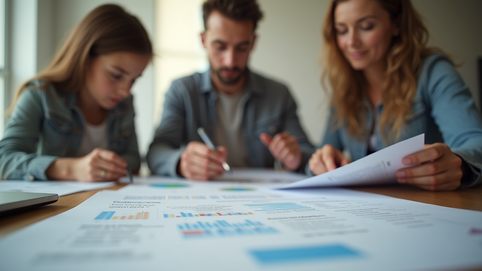 Eye-level view of a family sitting around a table reviewing financial documents