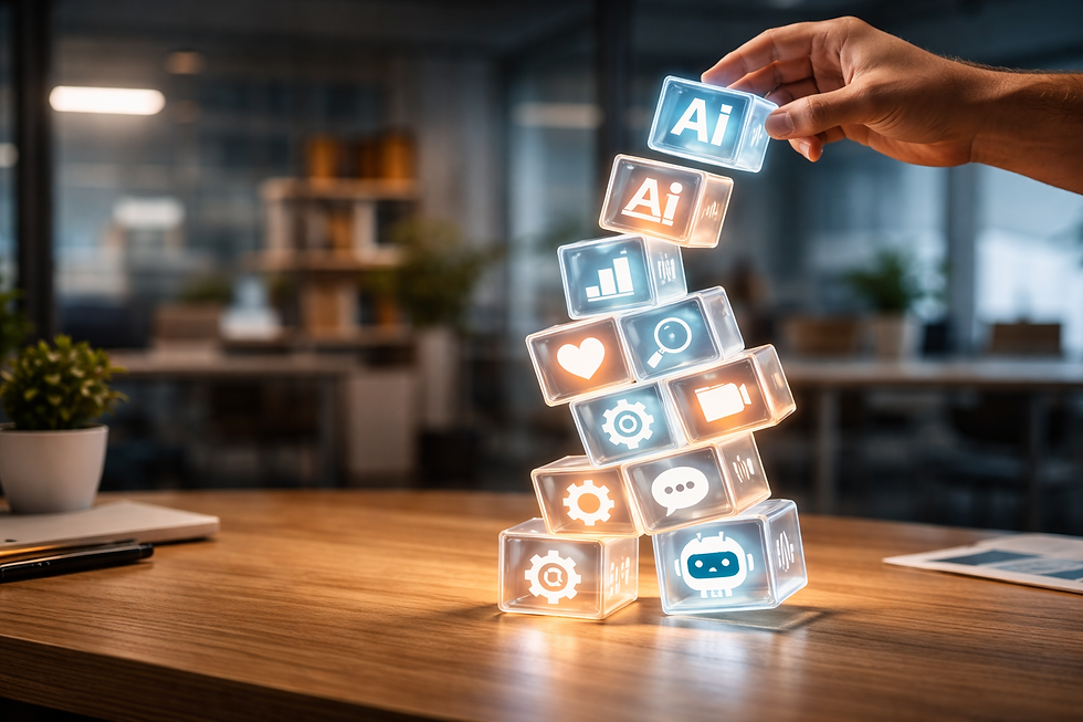 Een wankele toren van gloeiende transparante blokken met marketing- en AI-iconen staat op een houten bureau, terwijl een hand bovenaan nog een extra AI-blok probeert toe te voegen in een moderne kantooromgeving