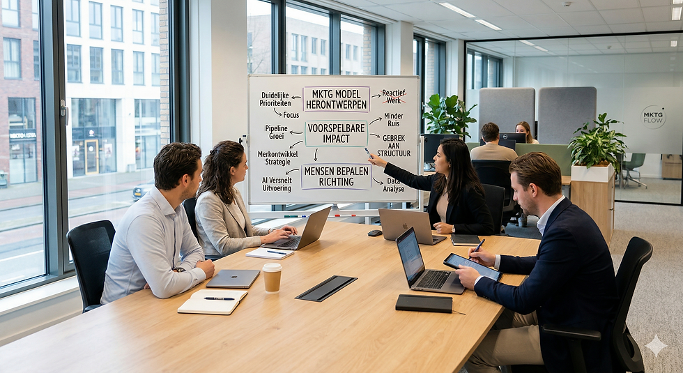Een strategisch marketingteam bij MKTG FLOW bespreekt het herontwerpen van een marketing operating model op een whiteboard voor meer grip, flow en voorspelbare impact.