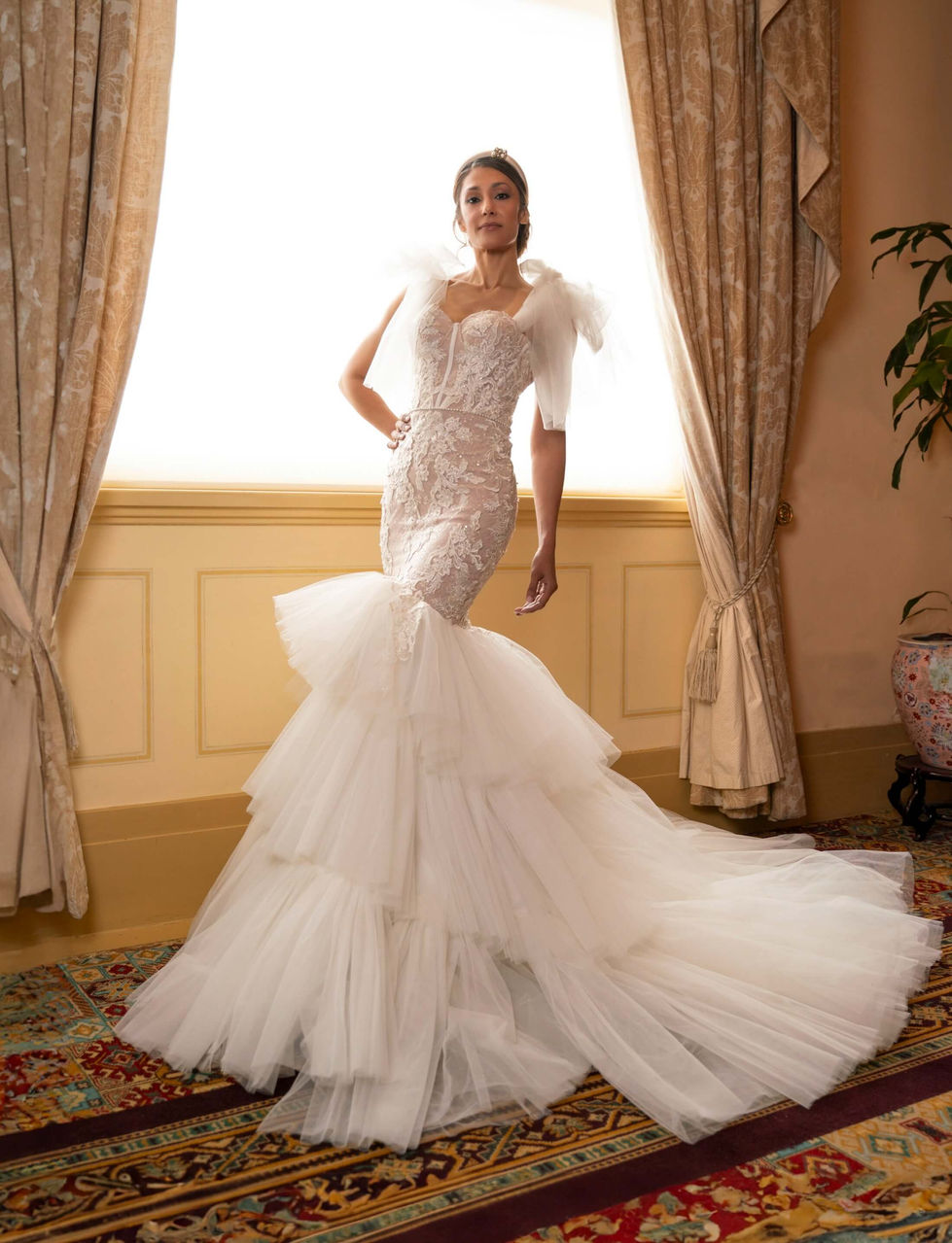 Bride in a fitted Jullia Bridal lace mermaid gown with tulle shoulder bows in a gilded room at The Hotel Windsor, Melbourne; creative direction and styling by Tamarra McNaught, founder of TITO STYLE.