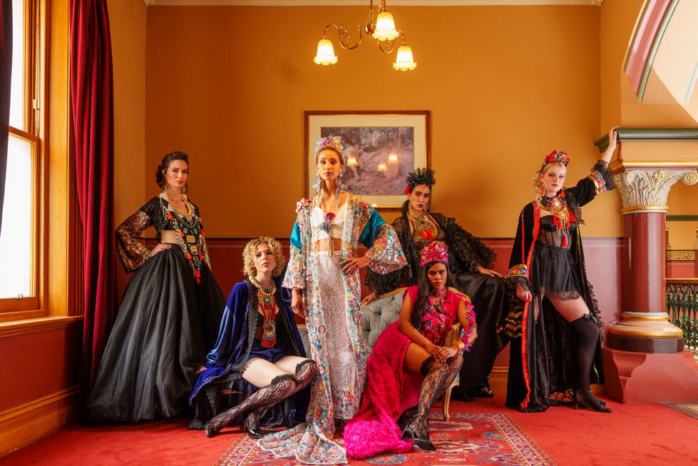 Models in Harlow Loves Daisy couture styled by Tamarra McNaught of TITO STYLE, editorial for THE PROMISE at The Windsor Hotel, Melbourne.