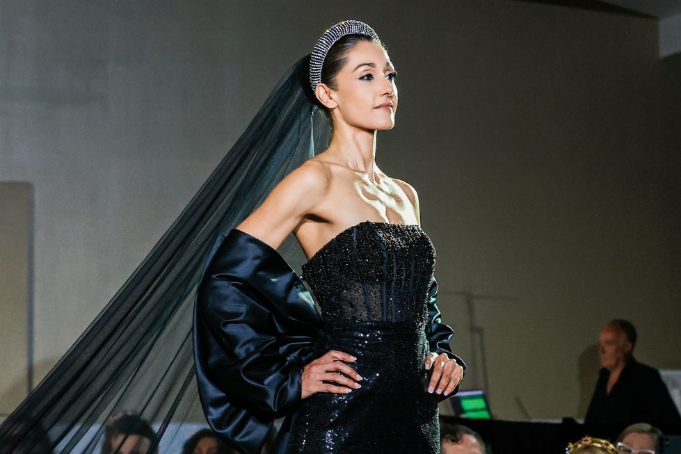 A black beaded strapless gown with a black veil and crystal headband. A Judith Penak Couture look, with creative direction and styling by Tamarra McNaught, founder of TITO STYLE, at The Hotel Windsor, Melbourne, Australia.