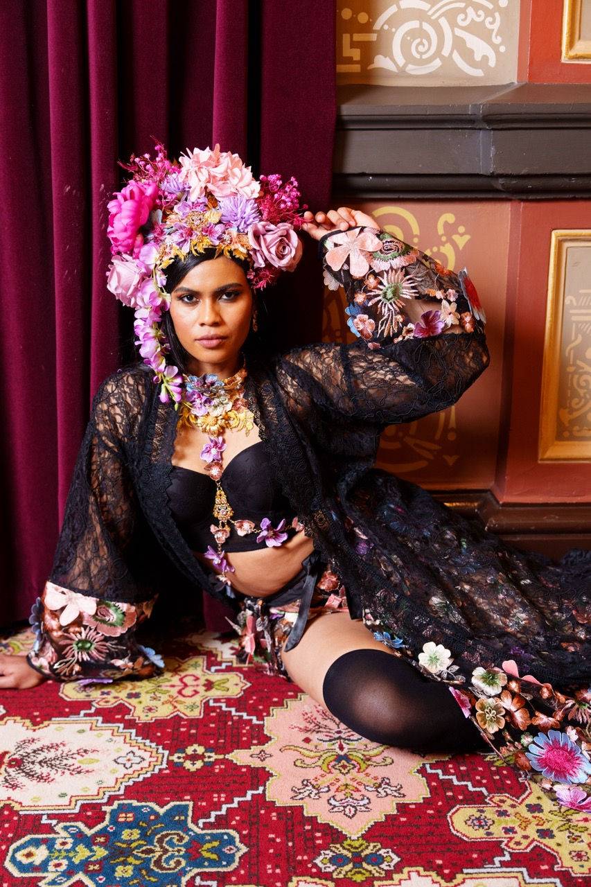 Model in a floral headpiece and couture styled by Tamarra McNaught of TITO STYLE for THE PROMISE, The Windsor Hotel, Melbourne.