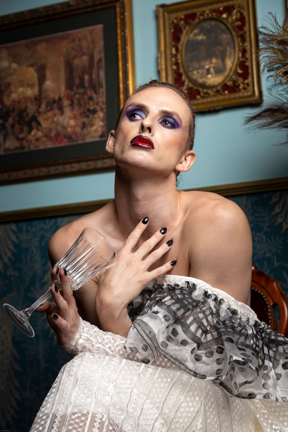 Editorial portrait of Adam Noviello in off-shoulder white by Paul McCann, styled by TITO STYLE for Foreign Influence TV