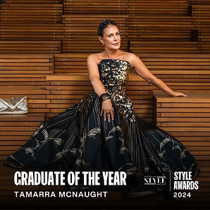 Tamarra McNaught posing in an editorial fashion shoot wearing a black sequinned top and high-slit skirt, representing TITO ST