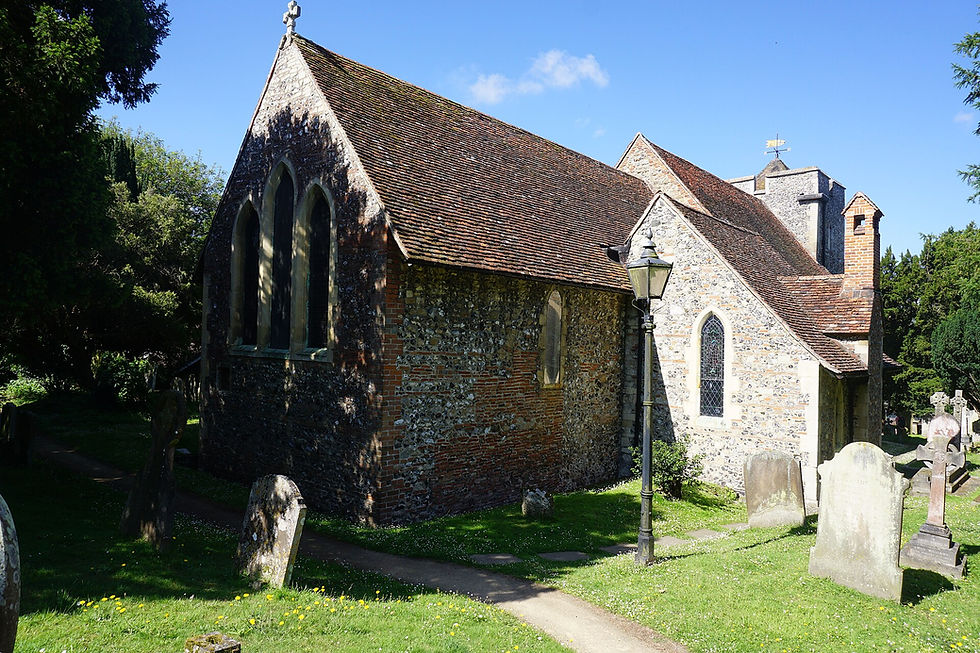 St Martin's Church, Canterbury, flint and Roman brick walls in sunshine