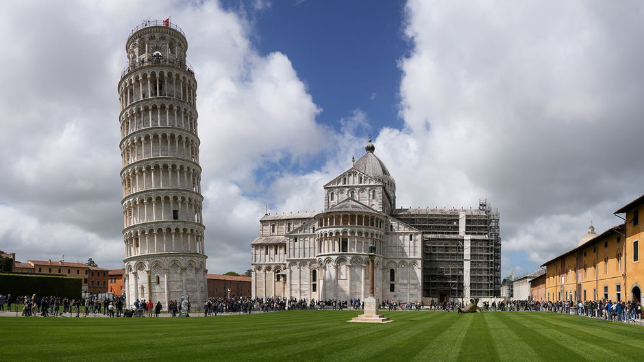 The Leaning Tower of Pisa, the Cathedral and the lawns of Piazza dei Miracoli