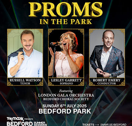 Proms in the park advert with three people featured, two men and a lady singing into a microphone.