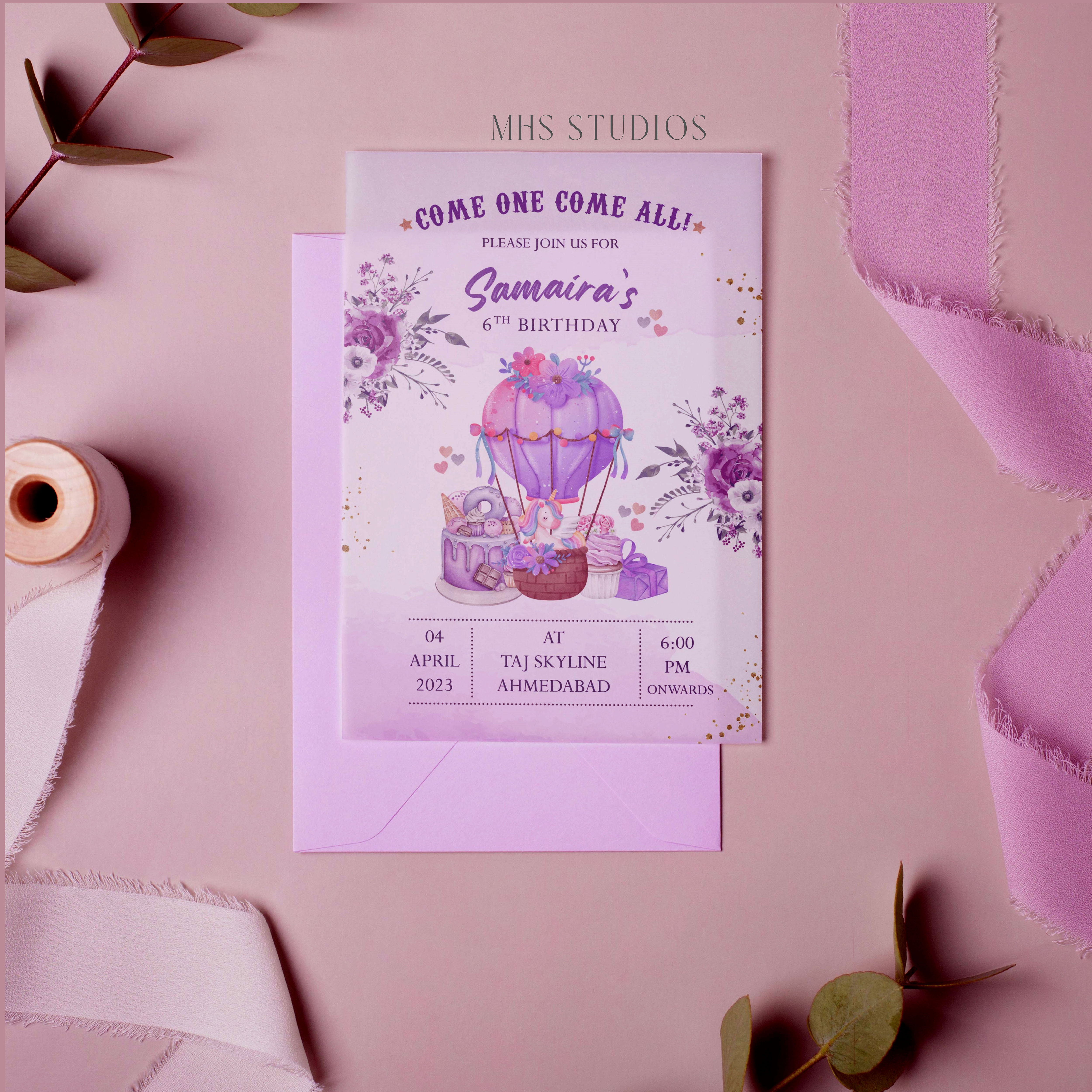 Lilac Balloon Adventure Birthday Invitation