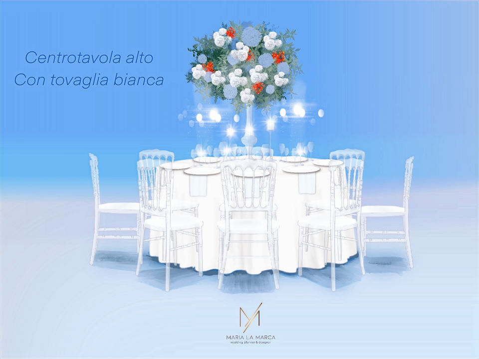 Centrotavola alto Con tovaglia bianca, table setting, Maria La Marca, wedding design
