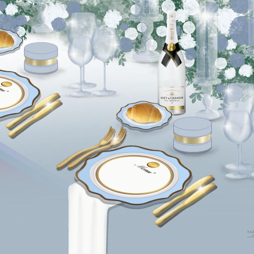 Una Mise en Place elegante e raffinata. Celeste polvere, oro e bianco.