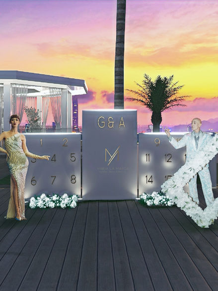 Coppia con cornice floreale, GBA, numeri, sfondo tramonto, render foto realistico matrimoni Maria La Marca