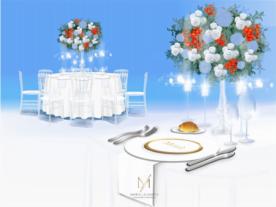 Wedding table setting illustration, Maria La Marca design, elegant flower arrangements, white and gold.