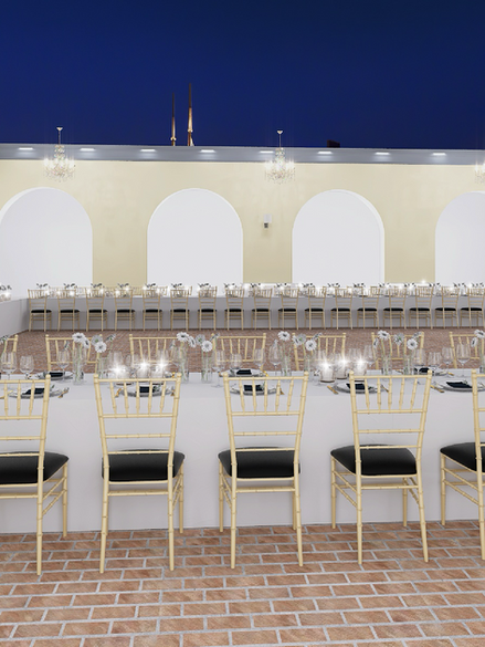 Table setting with chairs, elegant venue, formal dinner, render foto realistico matrimoni