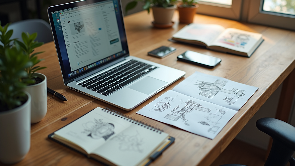High angle view of a freelancer’s workspace with a laptop and design sketches