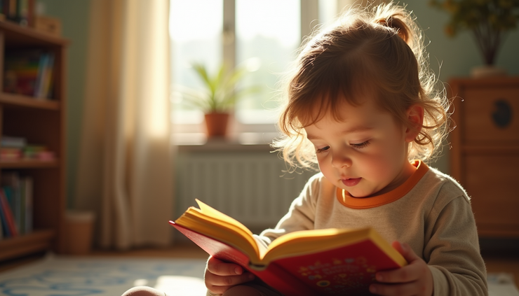 Eye-level view of a child reading a colorful poetry book in a sunlit room