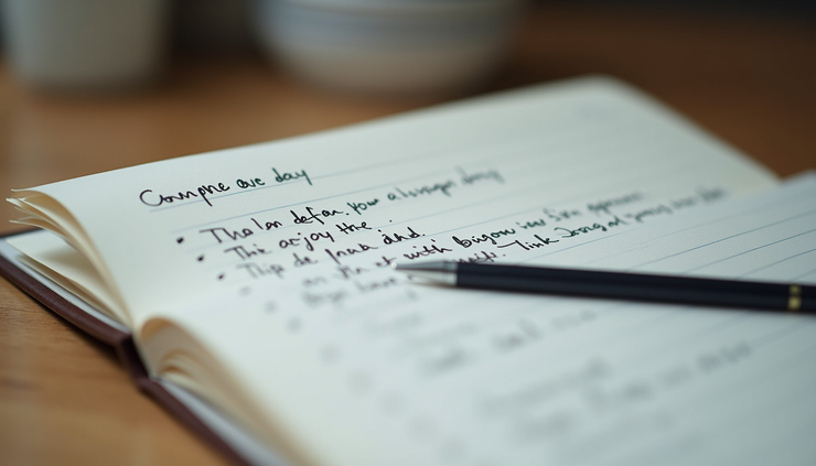 Close-up of a notebook with handwritten language notes and a pen