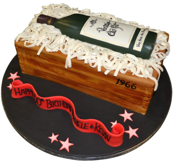 Luxurious wine bottle in a wooden crate cake, perfect for wine lovers and special celebrations. Handcrafted decoration with realistic details.