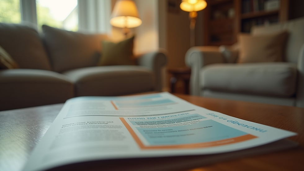 Eye-level view of a cozy living room with a Medicare pamphlet on the coffee table