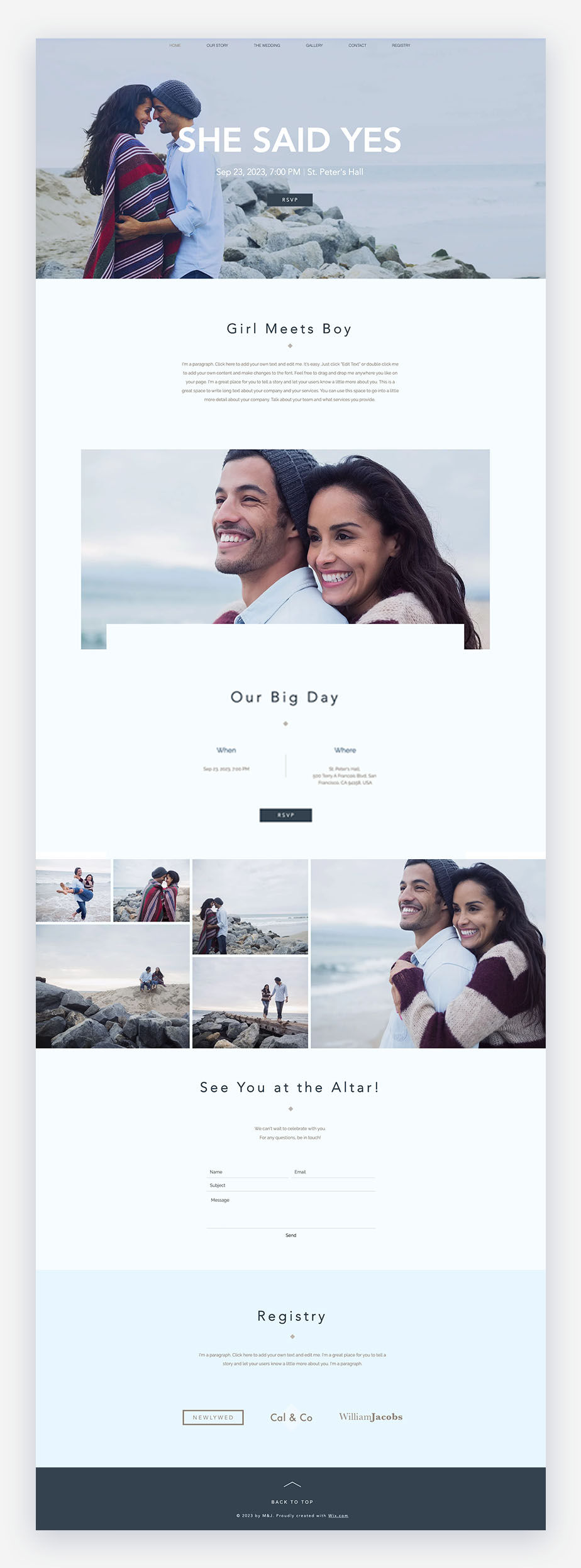 wix wedding websites of a couple next to the beach 