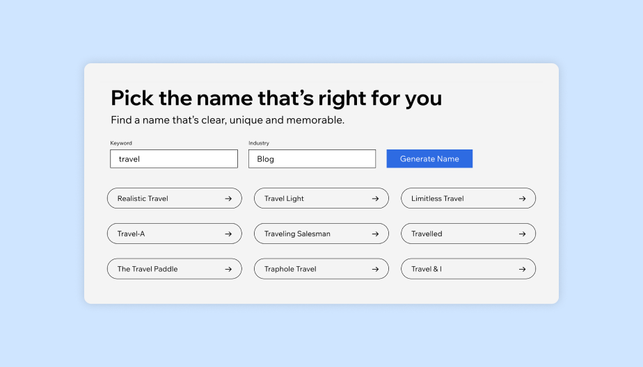 Blog name generator tool showing travel blog names for inspiration 