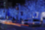 Street at night with trees adorned in blue lights. Vehicles drive by, leaving light trails. Urban setting with a festive, calm mood.
