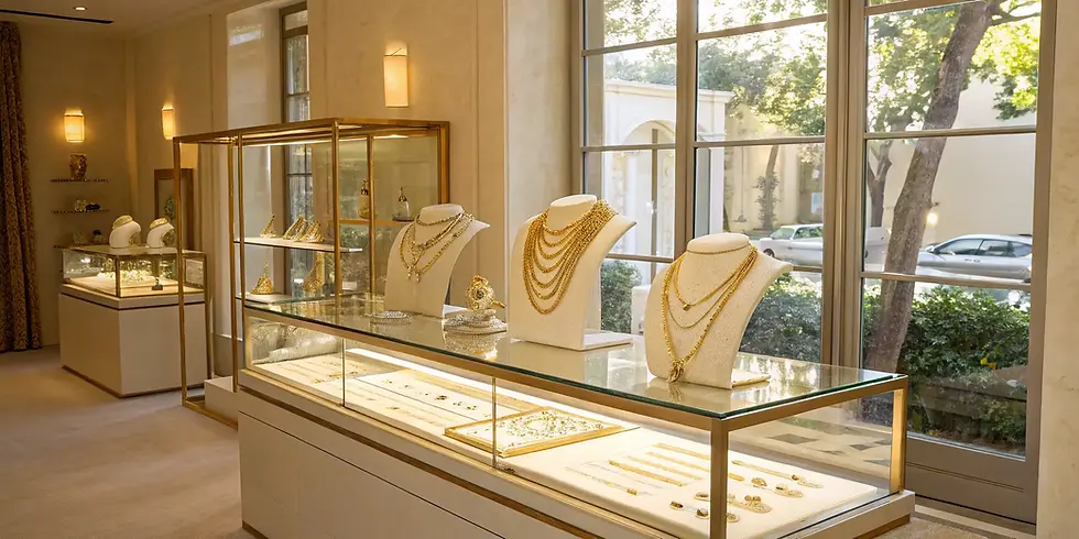 Luxury jewelry store interior with gold necklaces displayed in glass showcases near large windows.
