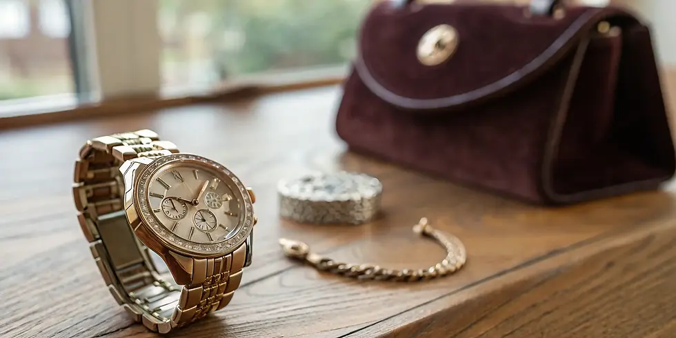 Gold luxury watch, bracelet, and designer handbag displayed on a wooden surface, symbolizing high-value items for collateral loans or resale.