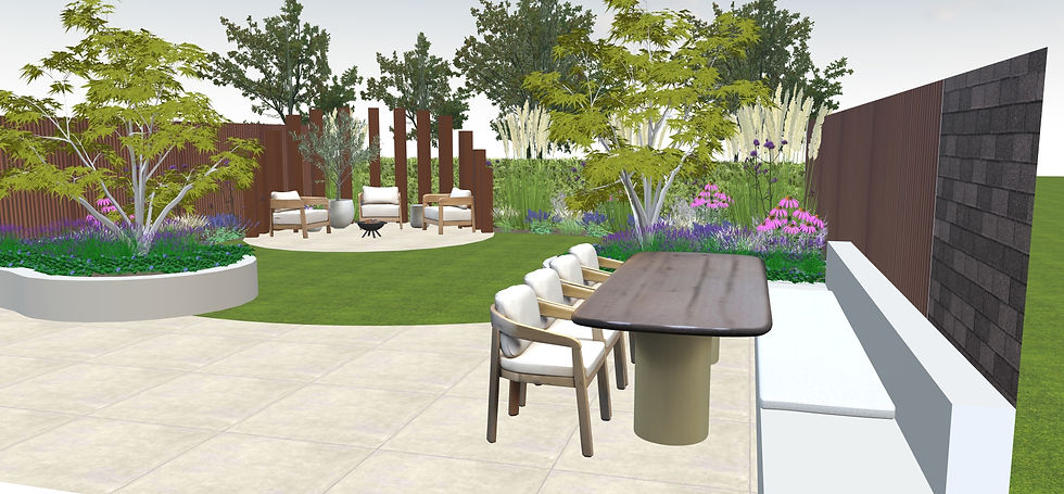 Groene tuin met veel planten en bloemen en wintegroene border