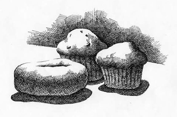 Still life drawing of donuts and cupcakes. Drawn with hatching.