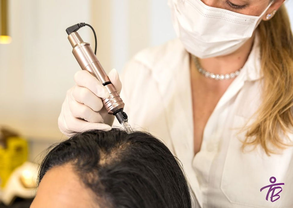 médica aplicando IMP capilar em paciente com exossomos
