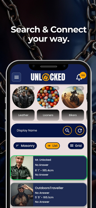 Unlocked Gay, Bi, Trans Fetish & Kink app. Available on Desktop, Installable Web App, Apple App Store and Google Play. Install/Download today.