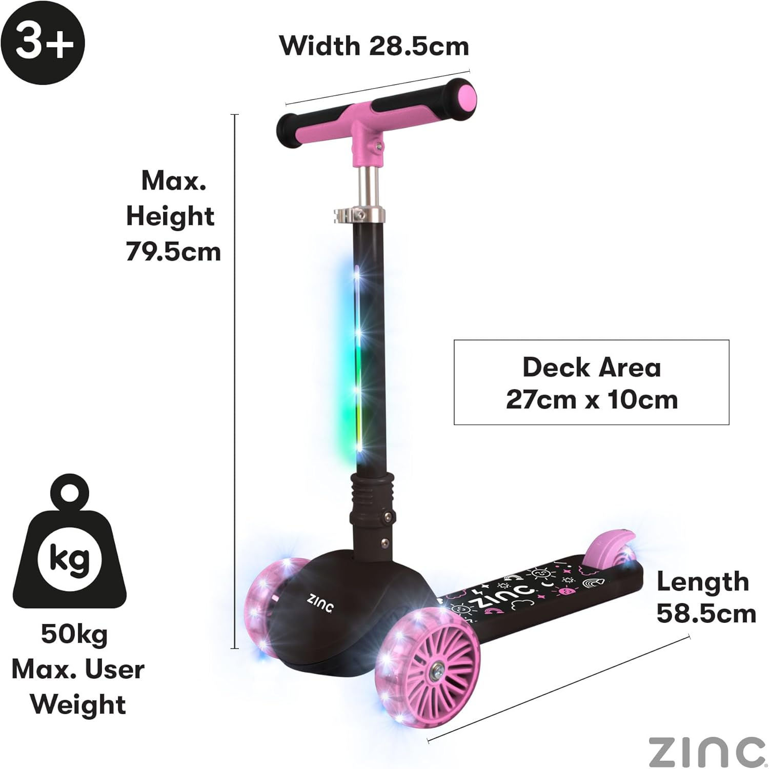 Zinc T-motion Three Wheeled Folding Light Up Scooter