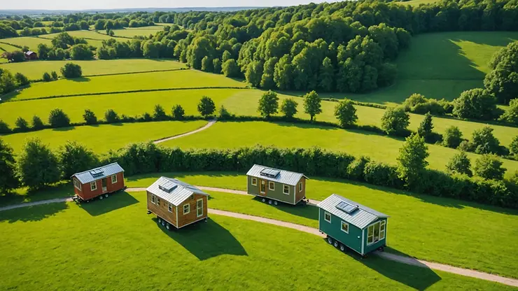 Wide angle view of tiny houses on wheels in a lush green landscape
