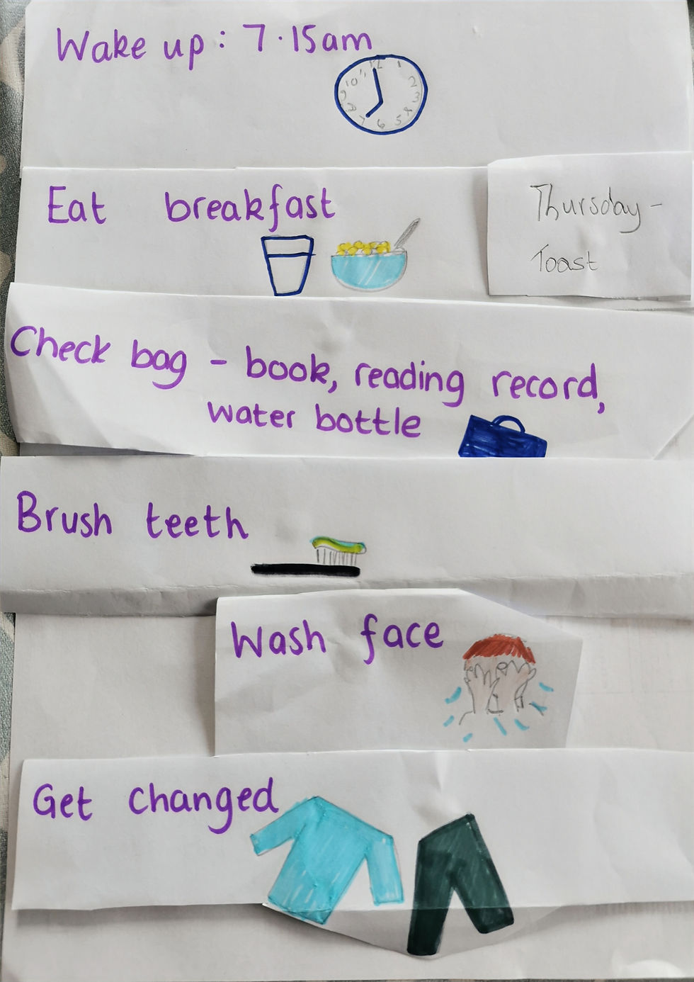 Morning routine list with times and tasks: wake up, eat breakfast, check bag, brush teeth, wash face, and get changed. Drawings included.