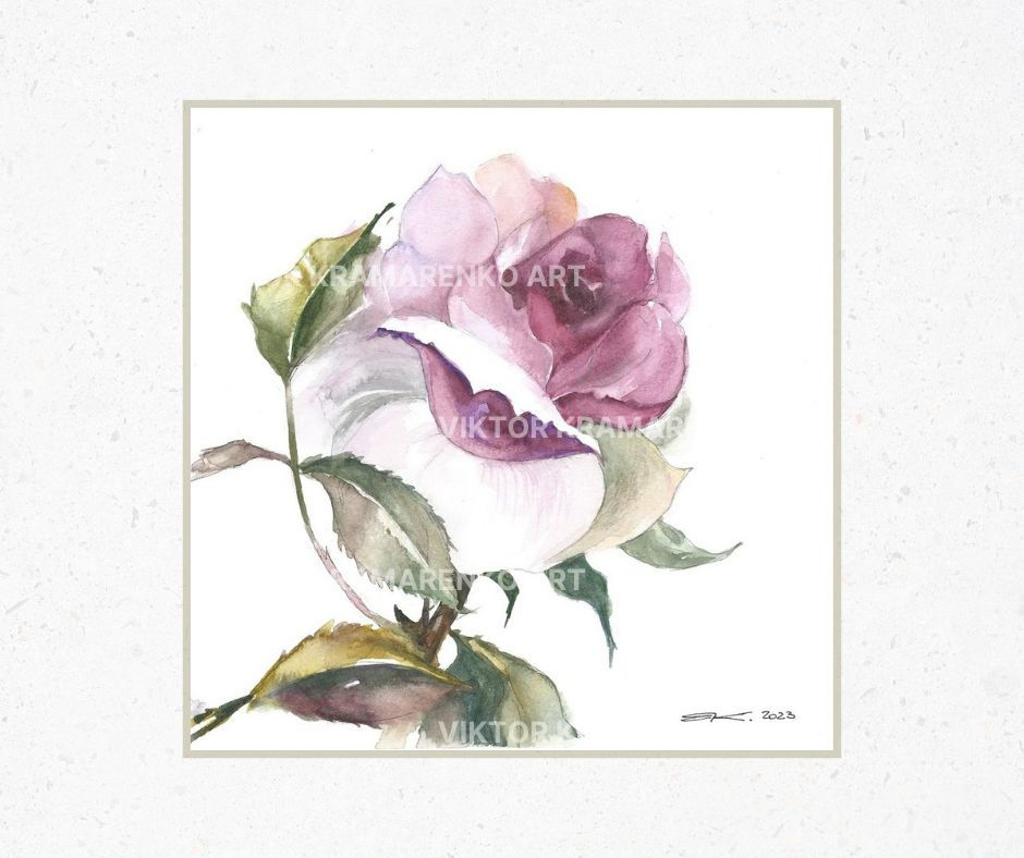 Watercolor painting of a soft pink rose with green leaves, loosely painted in a minimalist style.