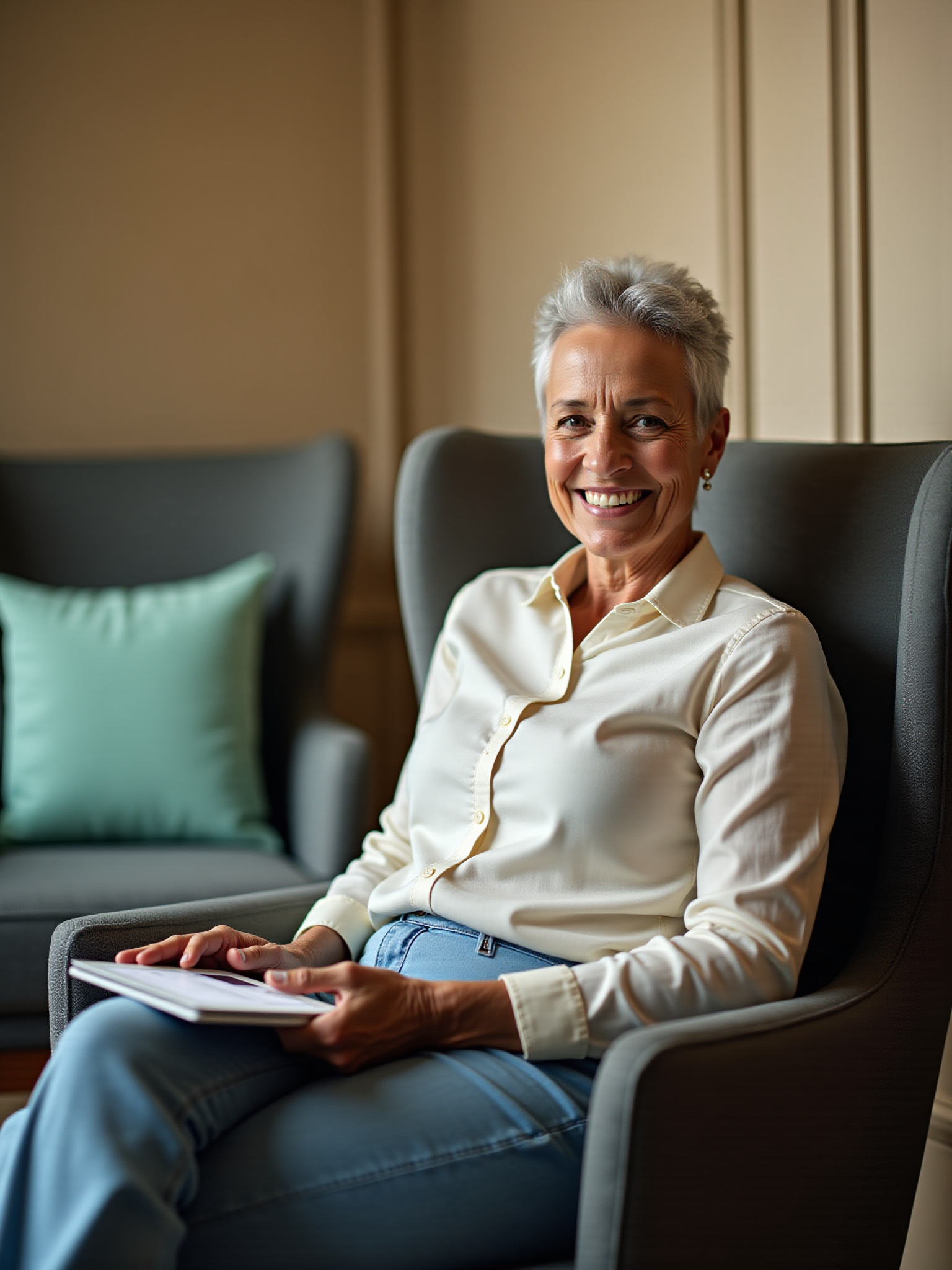 A senior woman is sitting in a chair using a tablet on her lap to browse Medicare insurance options.