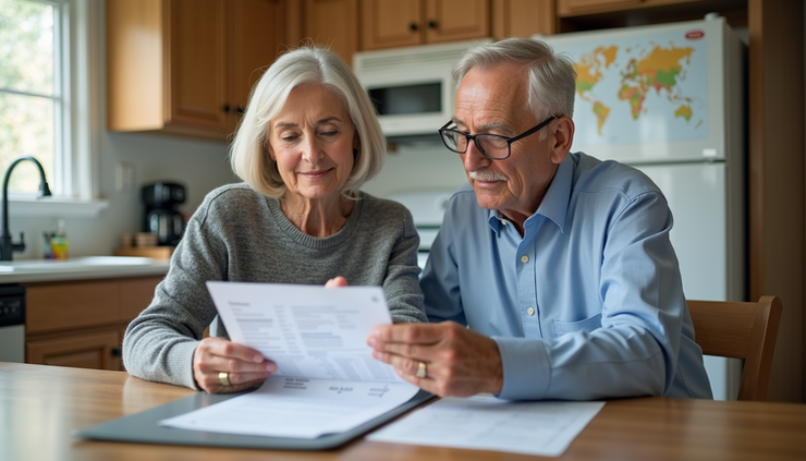 Eye-level view of a senior couple reviewing Medicare documents at a kitchen table