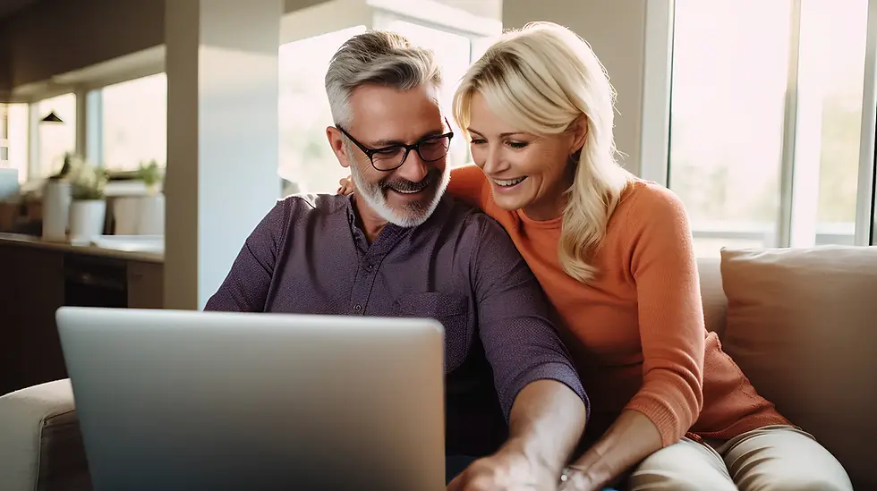 Retired couple using a laptop together in a cozy home while reviewing Medicare plan options.