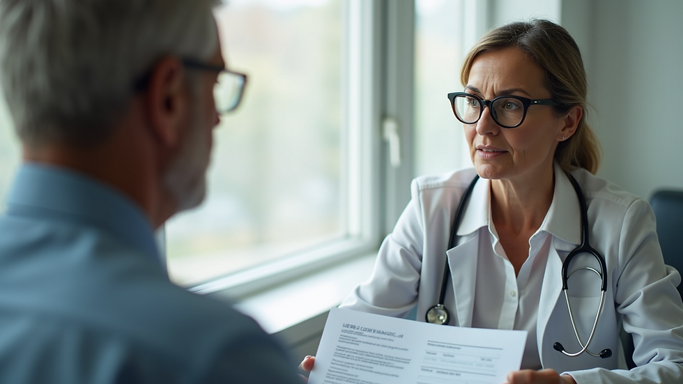 Close-up view of a Medicare counselor explaining plan options to a client