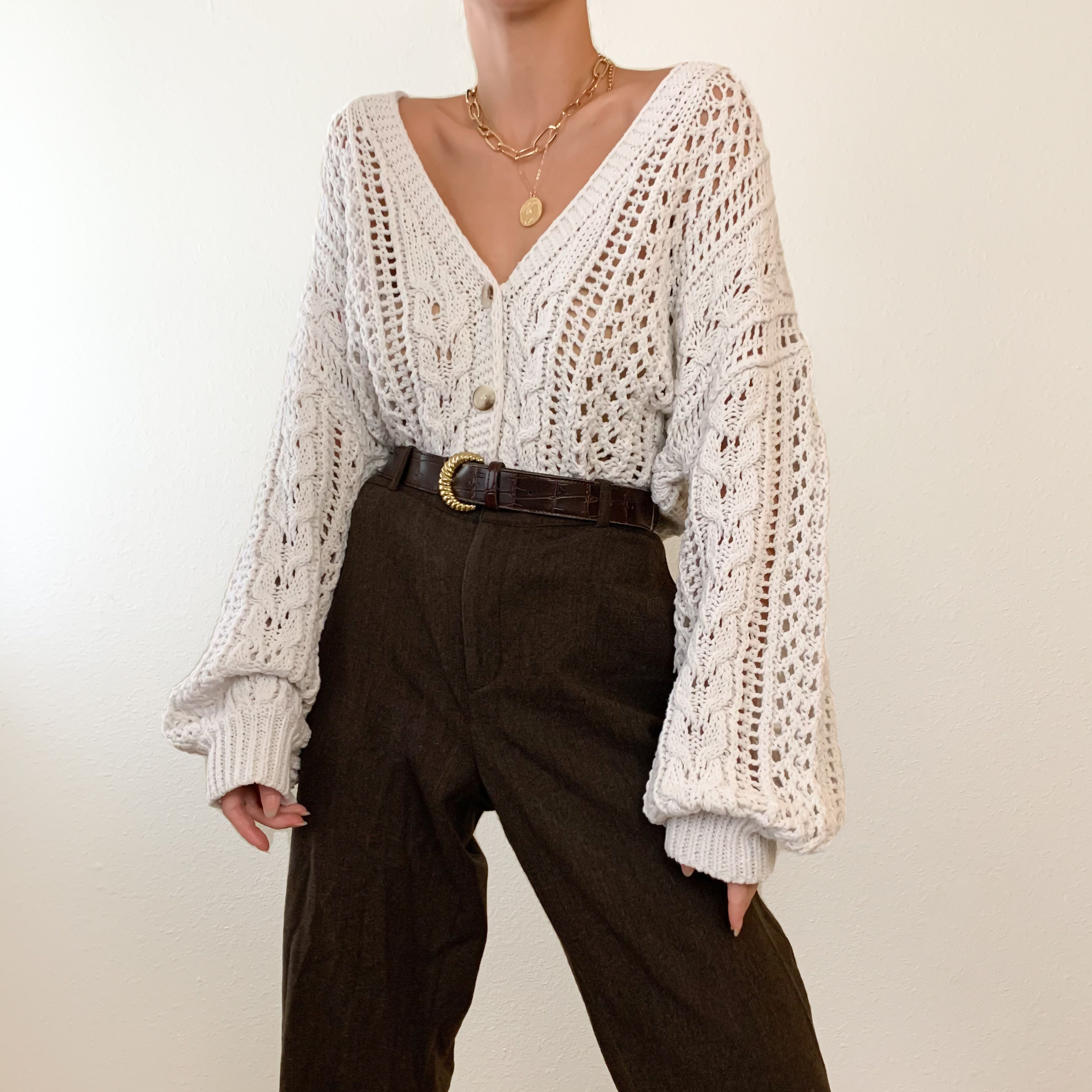 Ivory Balloon Sleeve Open Knit Cardigan