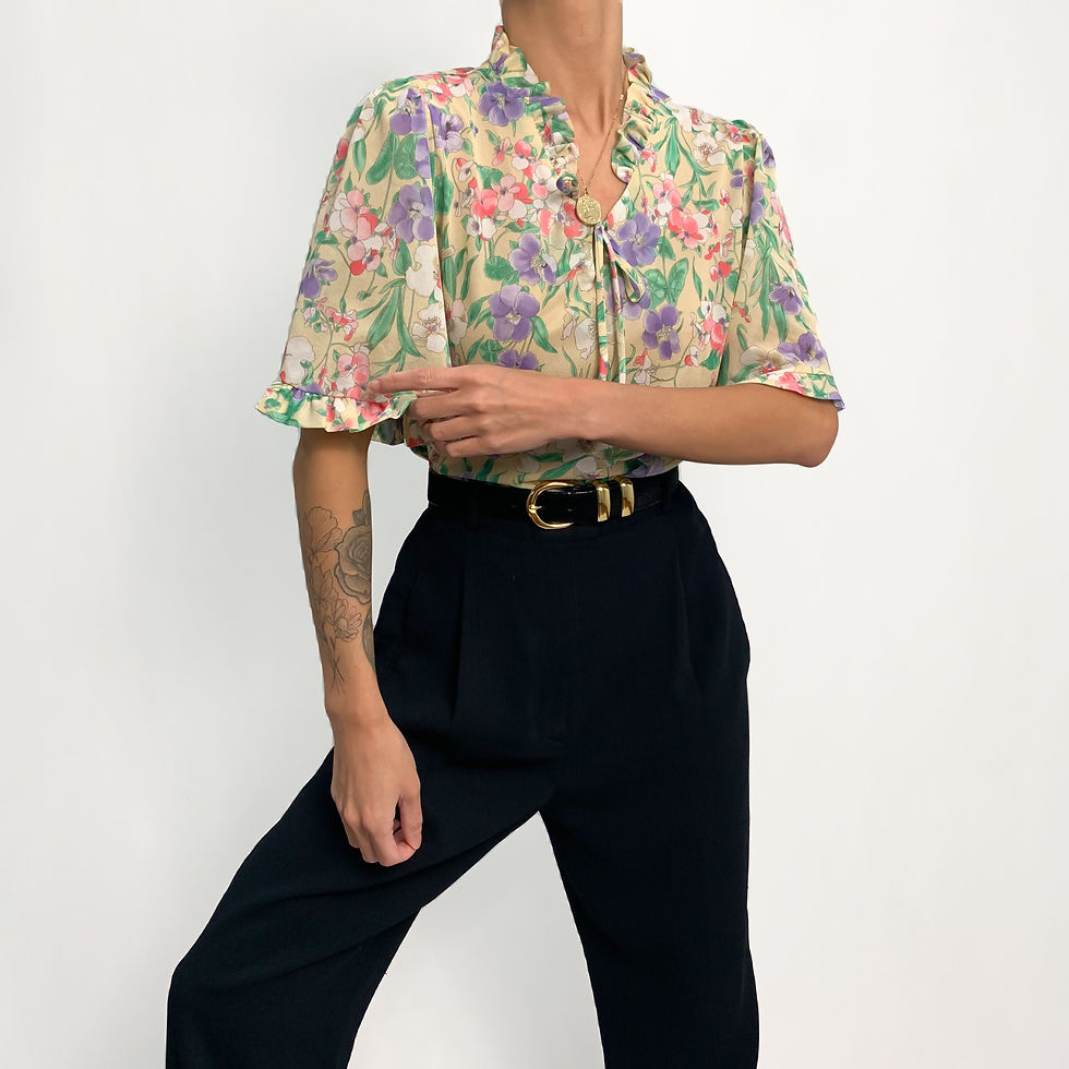 Pastel Floral Ruffled Short Sleeved Blouse XS-S