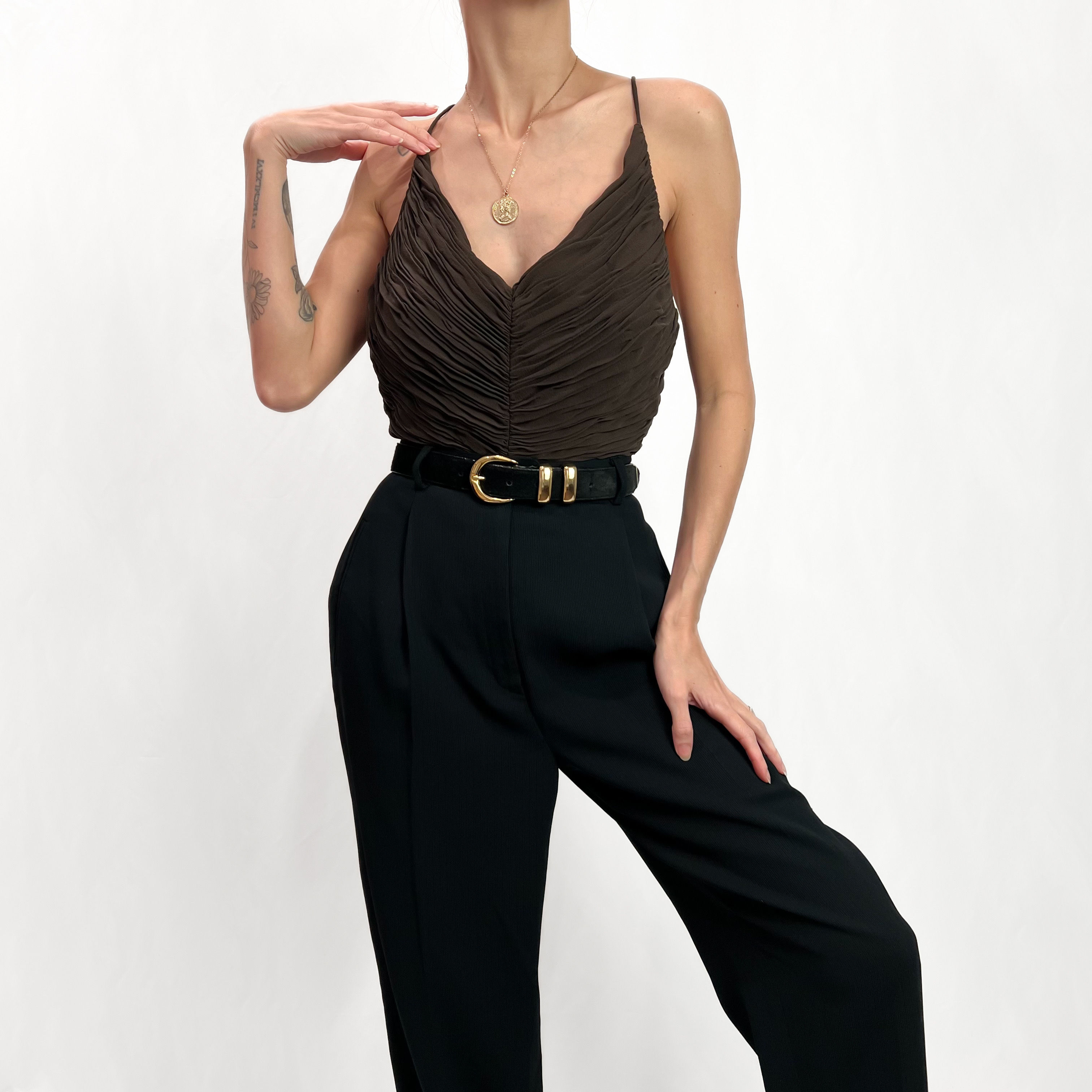 Deep Brown Gathered Silk Cami S-M