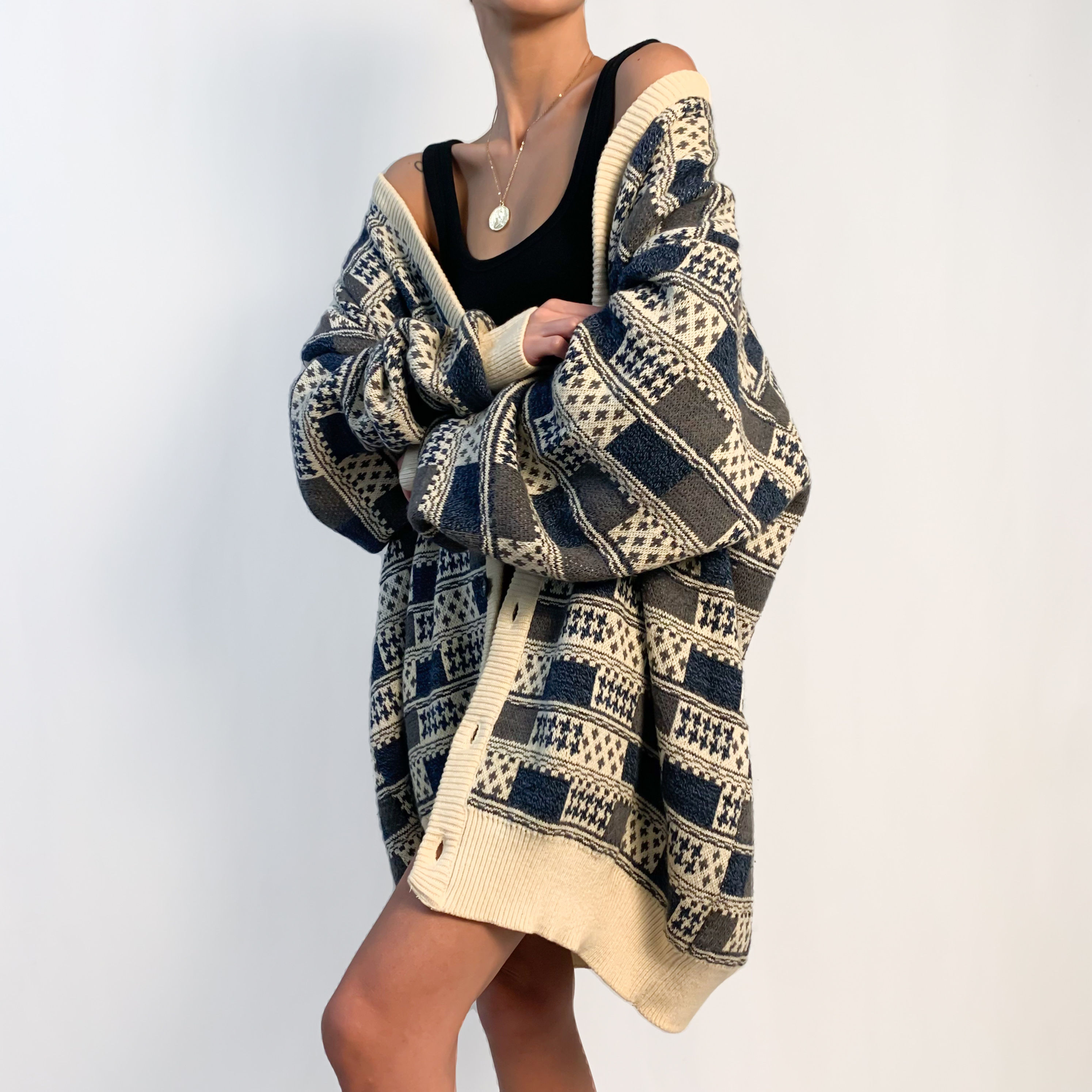 Ivory & Blue Geometric Grandpa Cardigan M-3XL