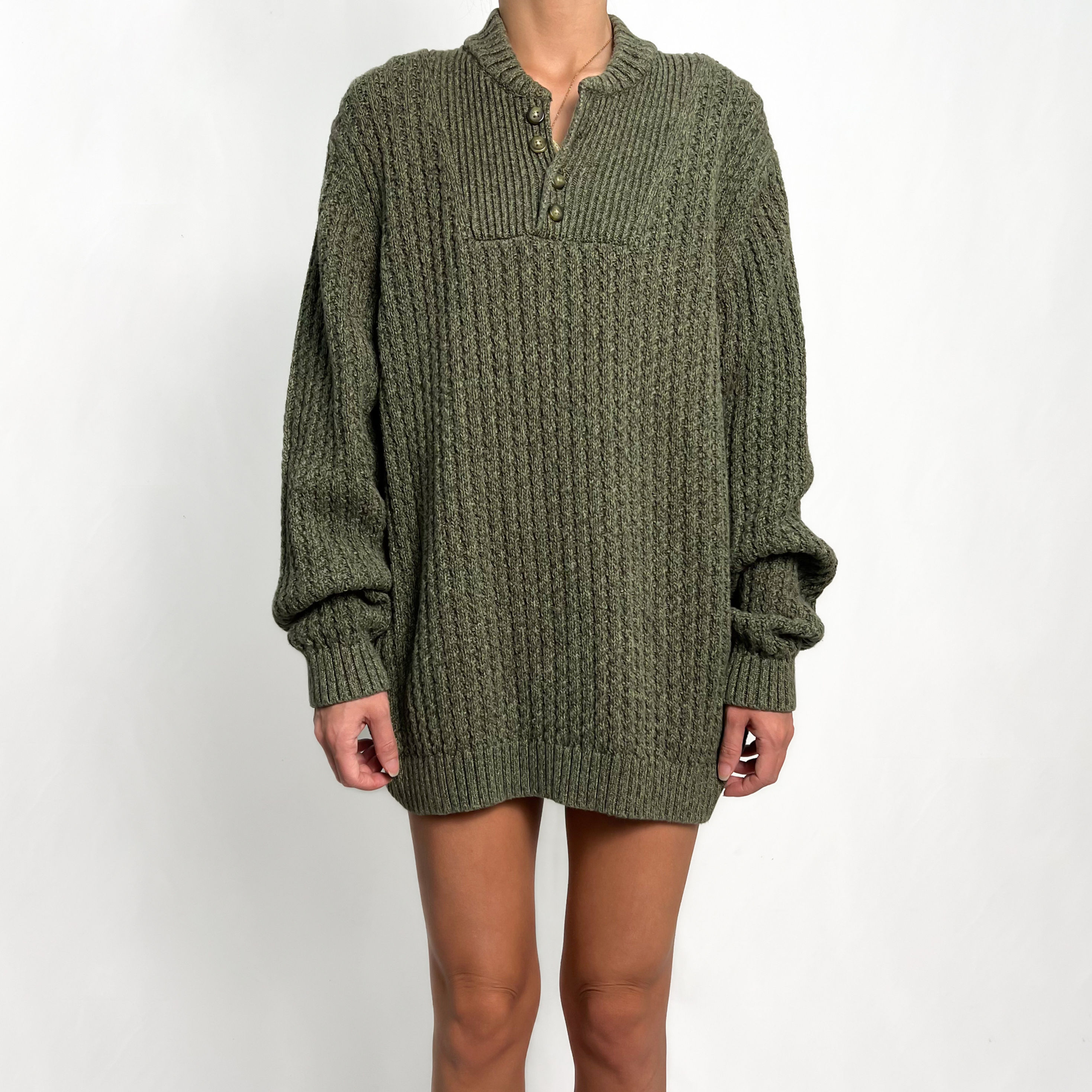Deep Olive Knit Henley Sweater XS-M